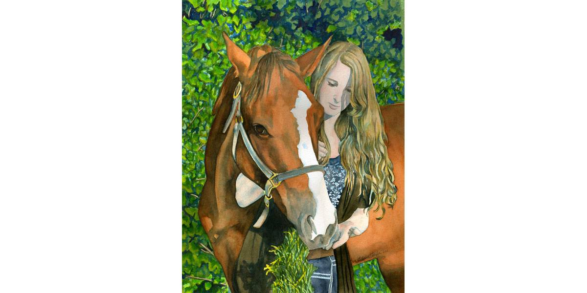 Watercolor Portrait Young Girl with Horse